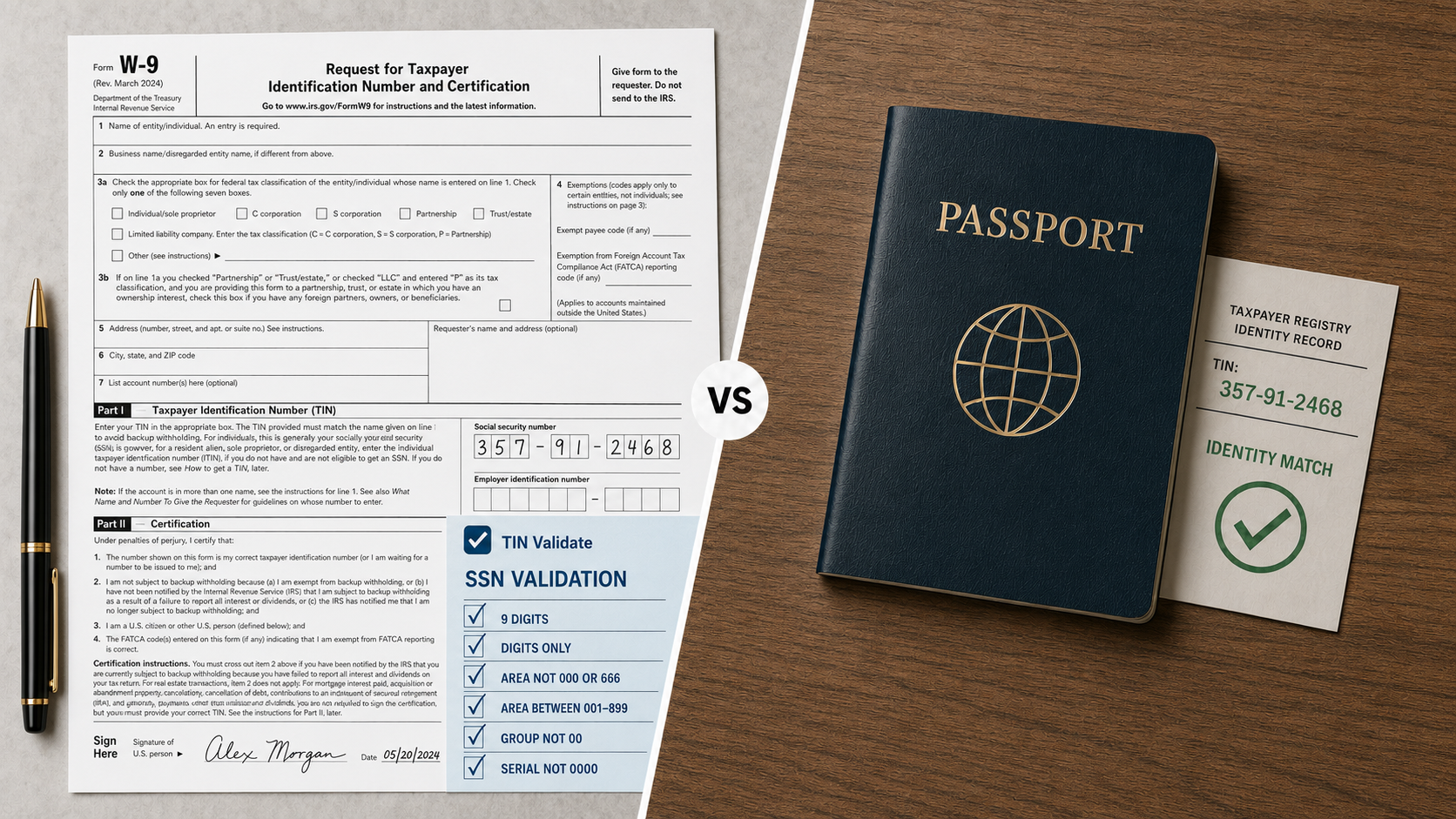 TIN validation rules shown beside a passport and a taxpayer registry identity match.
